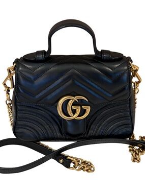 Gucci GG Marmont Top Handle Bag Black Matelassé Chevron Leather Crossbody G